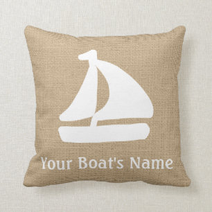 Faux Burlap Nautical Throw Pillow with Sail Boat