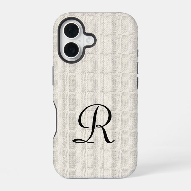 Faux Burlap Rustic Monogram iPhone 16 Case (Back)