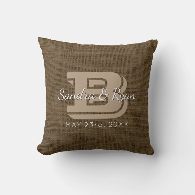 Faux Burlap Rustic Monogram Wedding Date Throw Pillow (Front)