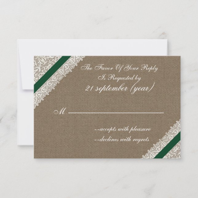 FAUX burlap with emerald green rsvp 3.5 x 5 (Front)