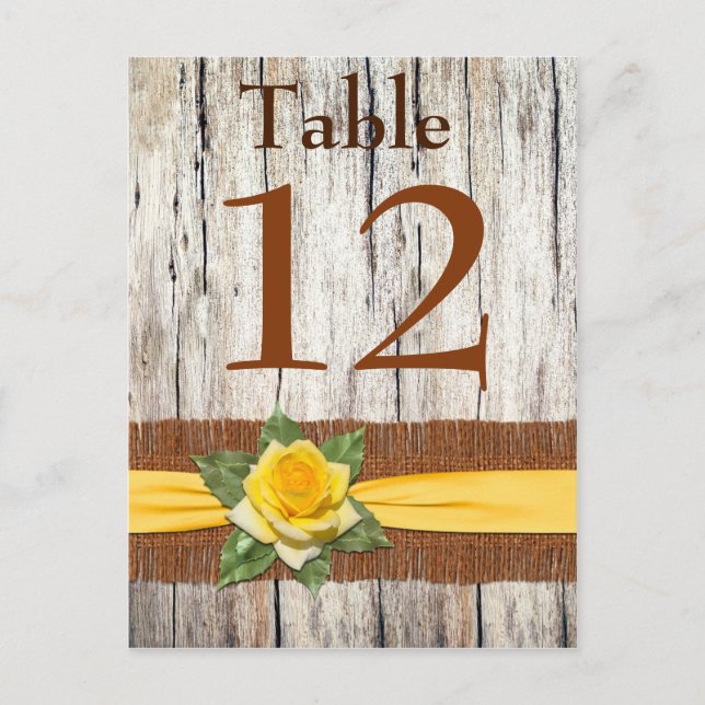 FAUX Burlap, Yellow Rose Table Number Post Card (Front)
