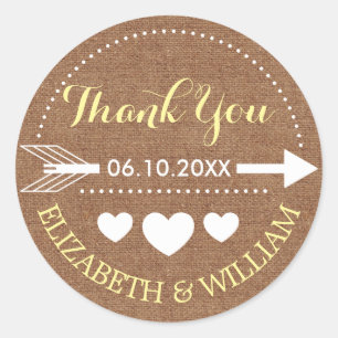 Faux Burlap & Yellow Wedding Thank You Arrow Heart Classic Round Sticker