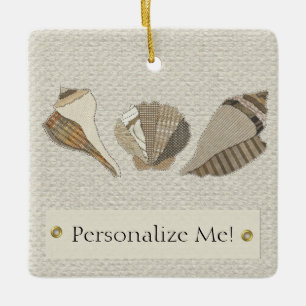 Faux Canvas Fabric Personalized Seashell Applique Ceramic Ornament
