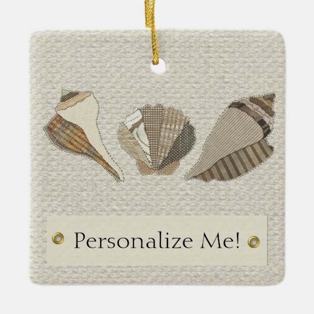 Faux Canvas Fabric Personalized Seashell Applique Ceramic Ornament (Front)
