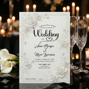 Faux Carved White Rose Bas Relief Floral Wedding  Invitation