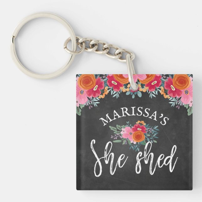 Faux Chalkboard Floral Brush Script She Shed Keychain (Front)