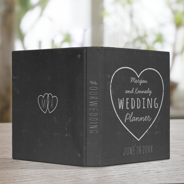 Faux Chalkboard Heart Wedding planner Classeur (Add your wedding hashtag, names and initials to this rustic chalkboard wedding binder)