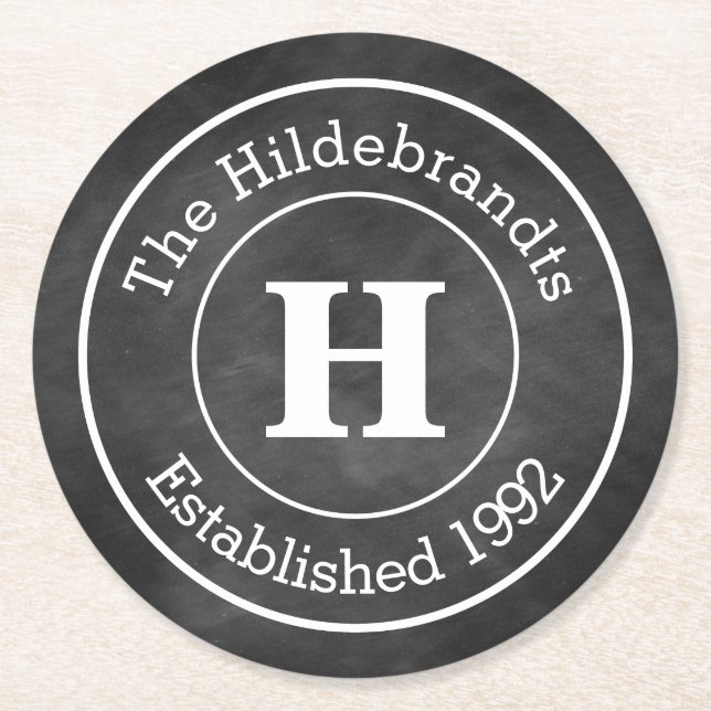 Faux Chalkboard Monogram Personalized Round Paper Coaster (Front)