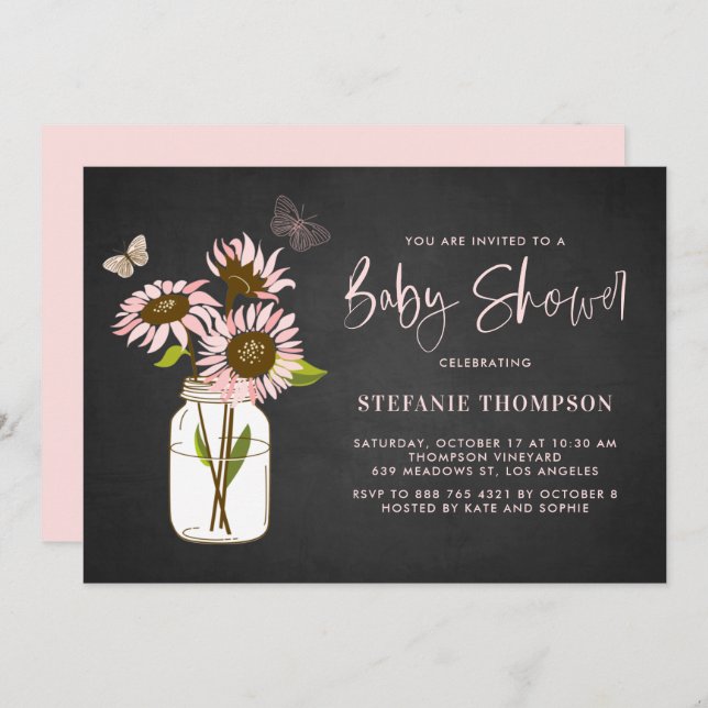 Faux Chalkboard Pink Sunflowers Baby Shower Invitation (Front/Back)