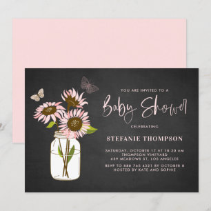 Faux Chalkboard Pink Sunflowers Baby Shower Invitation