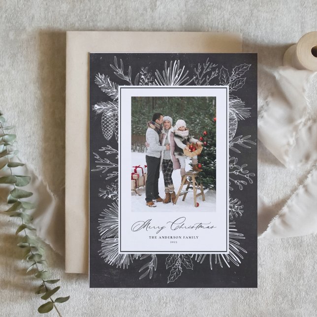 Faux Chalkboard Vintage Botanical Christmas Photo Holiday Card (Creator Uploaded)