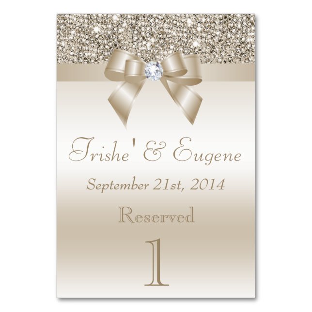 Faux Champagne Sequins and Bows Table Number (Front)