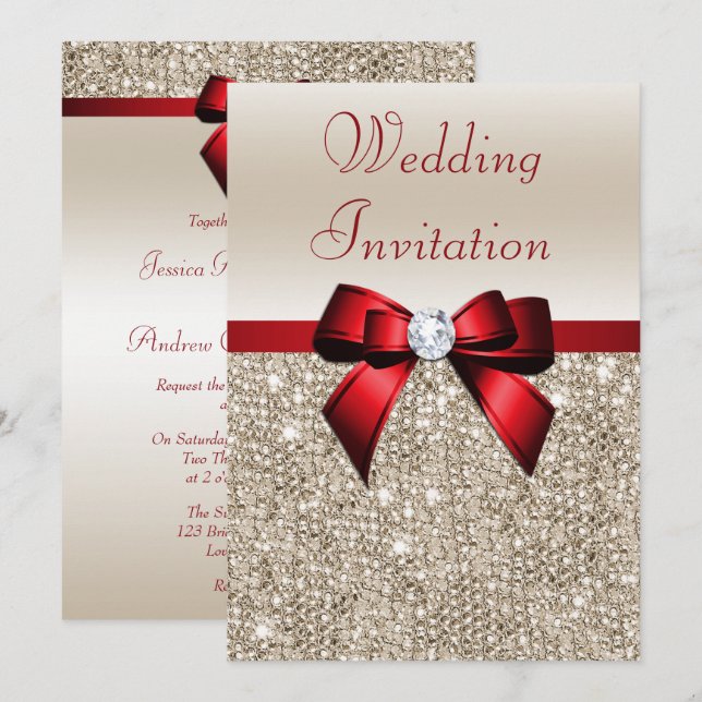 Faux Champagne Sequins Red Bow Wedding Invitation (Front/Back)