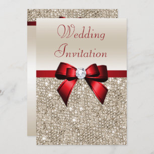 Faux Champagne Sequins Red Bow Wedding Invitation