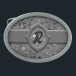 Faux Chrome Mini Box Background Oval Belt Buckle<br><div class="desc">This oval belt buckle is sporting a faux chrome mini box artwork with banner and frame for your initial. Fill in the template field with your information, remove all text and text banner or click Customize it! to select a font style, size and colour you like. Under Style Options you'll...</div>