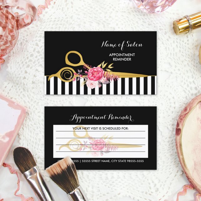 Faux Ciseaux Or rose Floral Rendez-vous des cheveu (Faux Gold Scissors Pink Floral Hair Appointment Business Cards)