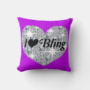 Faux coeur diamant j'aime bling violet coussin