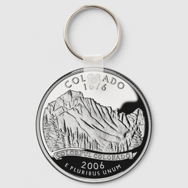 Faux Colorado State Quarter Rocky Mountains Trees Keychain (Front)
