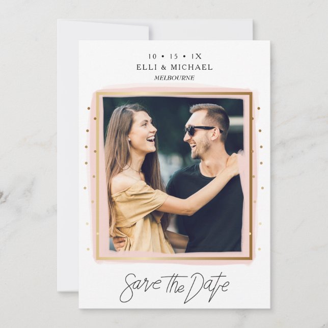 Faux Confetti Pink White Photo Save The Date Card (Front)