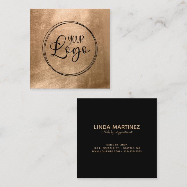 Faux Copper Gold Foil Your Logo Black Square Business Card (Front/Back)