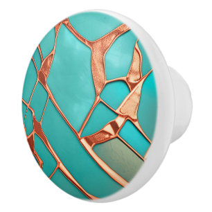 Faux copper lines over teal colour background ceramic knob