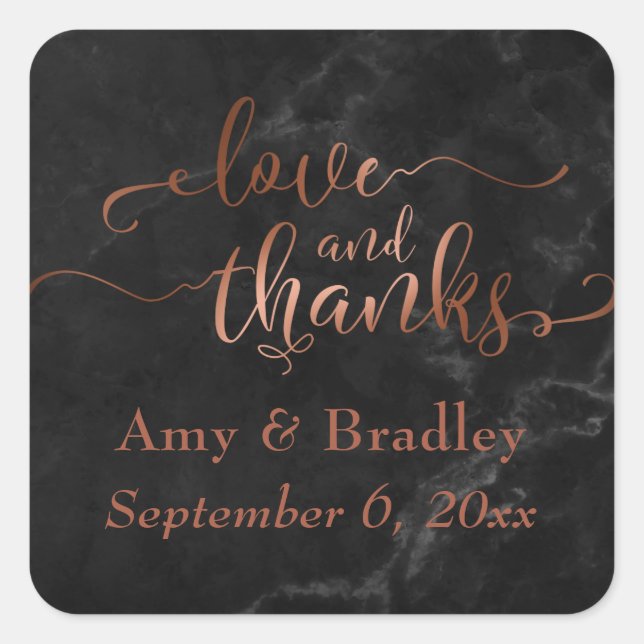 Faux Copper Love and Thanks Script w/ Black Marble Square Sticker (Front)
