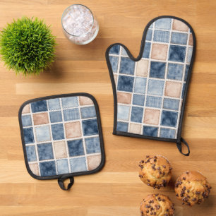 Faux Cream Denim Blue Jean Bridal Shower Oven Mitt & Pot Holder Set
