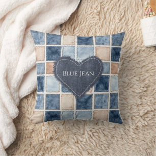Faux Cream Denim Blue Jean Heart Throw Pillow
