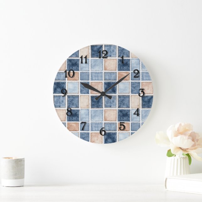 Faux Cream Denim Blue Jean Large Clock (Home)