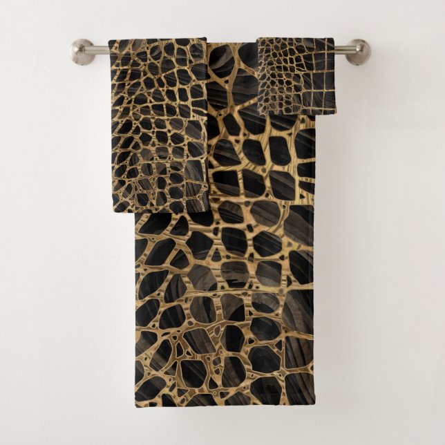Faux Crocodile Black Liquid Marble and gold Bath Towel Set (Insitu)