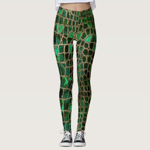 Faux Crocodile texture Malachite and gold Leggings