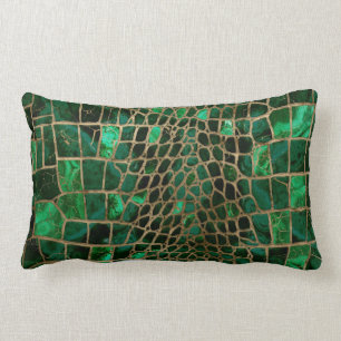 Faux Crocodile texture Malachite and gold Lumbar Pillow