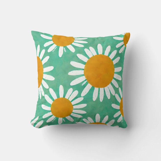 Faux Cutout Daisy Folk Art Inspired Throw Pillow (Front)