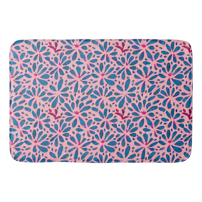Faux Cutout Pink Blue Folk Art Inspired Bath Mat (Front)