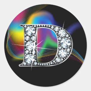 Faux "D" Diamond Bling on Rainbow Swirl Heart Classic Round Sticker