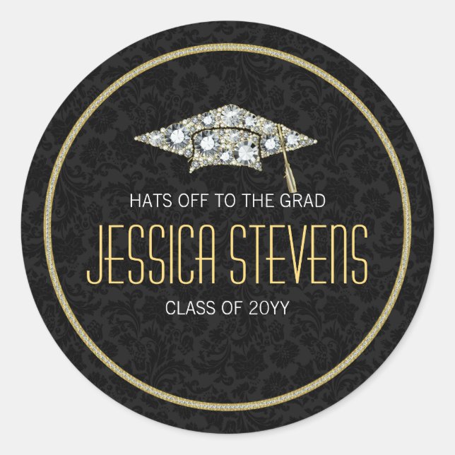 Faux Damions And Gold Graduation Hat 2b Classic Round Sticker (Front)