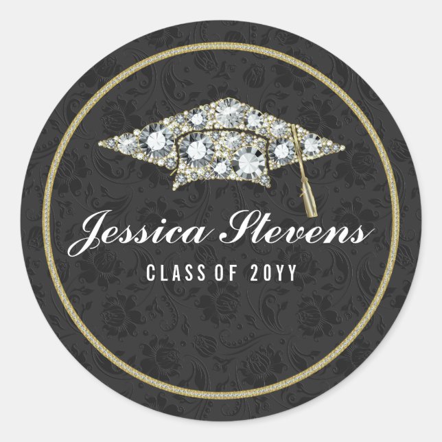 Faux Damions And Gold Graduation Hat Black Damasks Classic Round Sticker (Front)