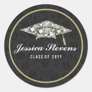 Faux Damions And Gold Graduation Hat Black Damasks Classic Round Sticker