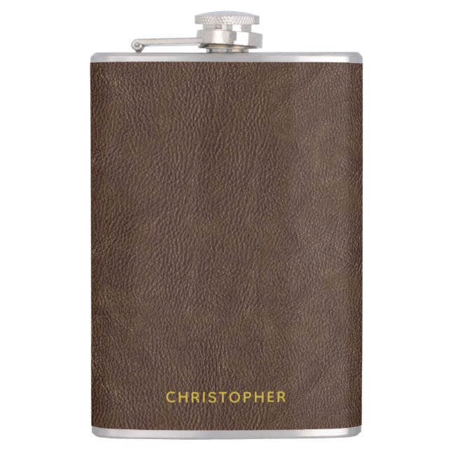 Faux Dark Brown Leather Look Hip Flask (Front)