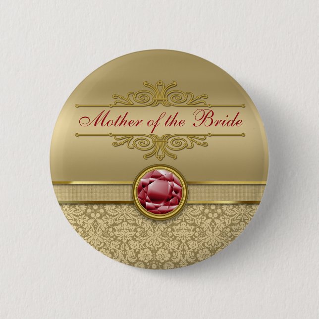 Faux Dark Ruby Red Gemstone Metallic Gold Damask 2 Inch Round Button (Front)