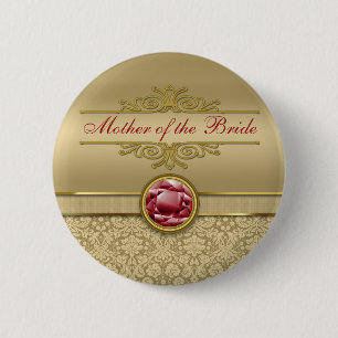 Faux Dark Ruby Red Gemstone Metallic Gold Damask 2 Inch Round Button