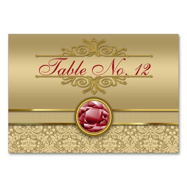 Faux Dark Ruby Red Gemstone Metallic Gold Damask Table Number (Front)