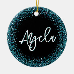 Faux Dark Teal Glitter Black Photo Ceramic Ornament