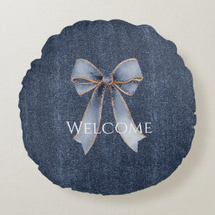 Faux Denim Blue Jean Bow Round Pillow