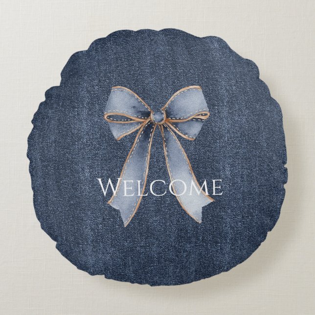 Faux Denim Blue Jean Bow Round Pillow (Front)