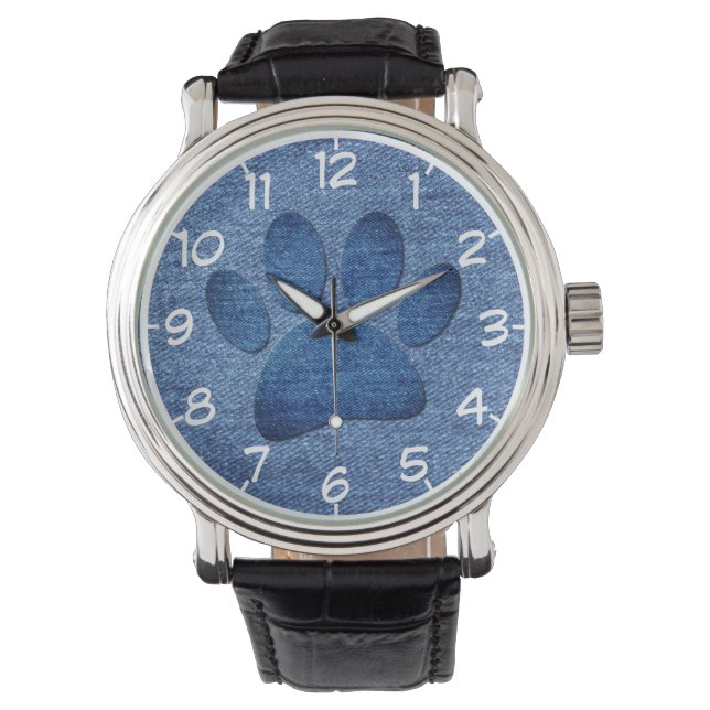 Faux Denim Jeans Dog Paw Print  Watch (Front)