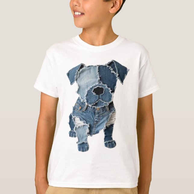Faux Denim Patchwork Dog T-Shirt (Front)