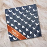 Faux Denim White Sitting Cats Bandana<br><div class="desc">Faux denim blue jean material with white sitting cats silhouette pattern.  Red orange banner on diagonal.  Personalize it with a name!</div>