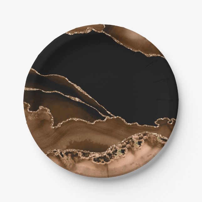 Faux Desert Brown Marbled Agate Contemporary Stone Paper Plate (Front)