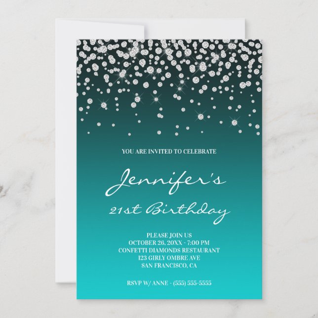 Faux Diamond Dark Turquoise Gradient 21st Birthday Invitation (Front)